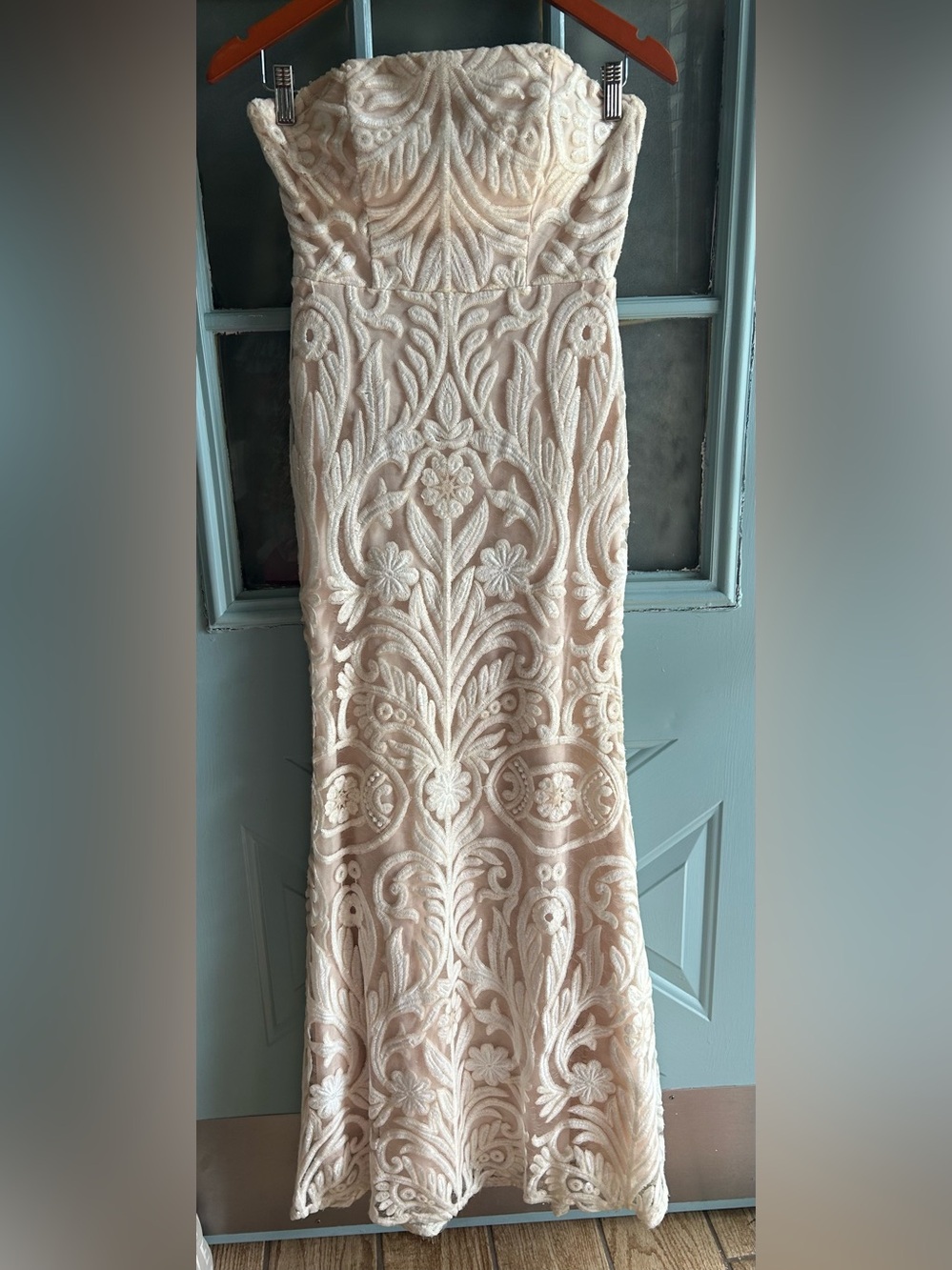 Bridal Formal Wedding Prom Hoco Long Sequin Trumpet Style Gown White & Nude 3